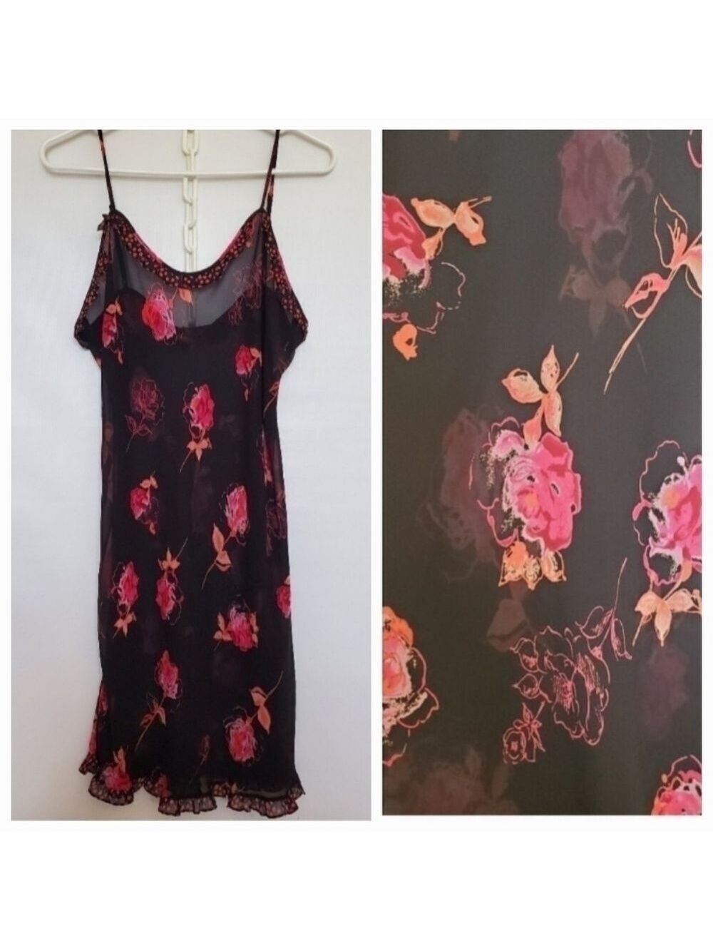 CAMISOLE SLIP DRESS FLORAL SHEER SPAGHETTI STRAP RUFFLE BLACK PINK WOMEN (S)